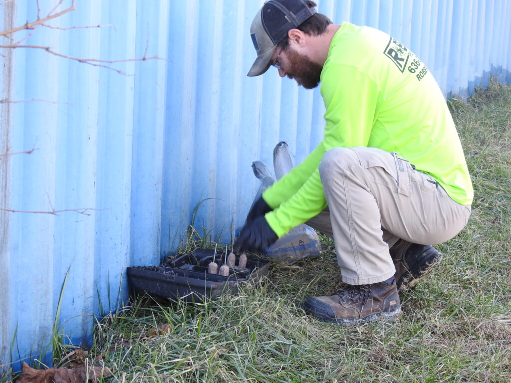 Pest control technician filling rodent bait station in St. Louis area.