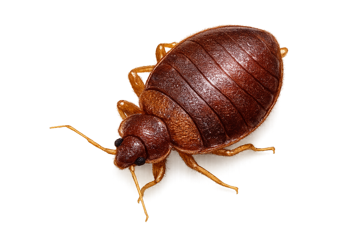 Adult bed bug (Cimex lectularius), flat reddish-brown, apple-seed size