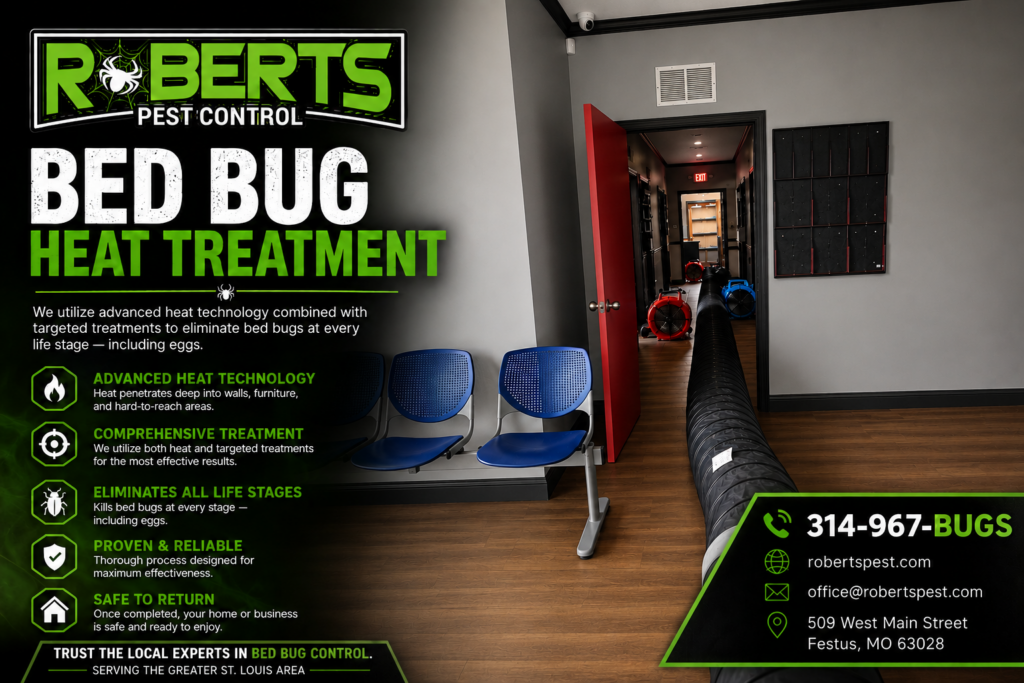 Roberts Pest Control bed bug heat treatment in progress — heat ducting and high-temperature air movers set up in a hallway to eliminate bed bugs at every life stage, including eggs