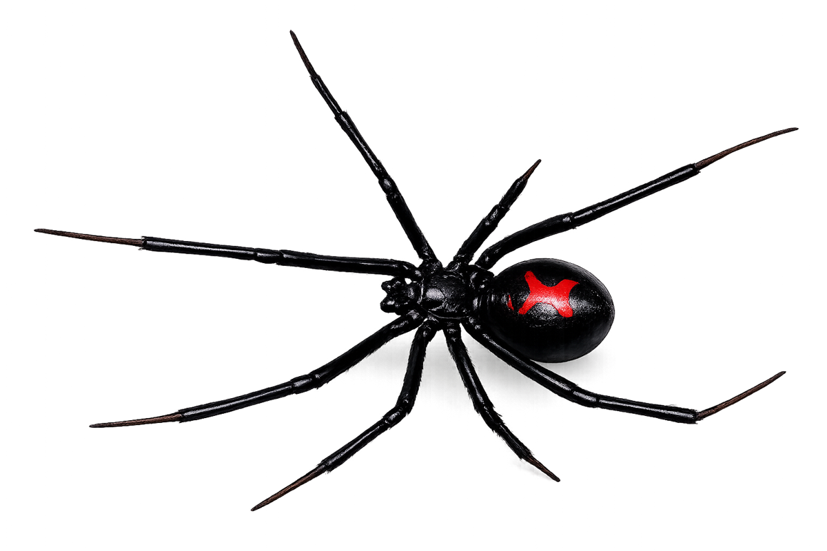 Black widow spider (Latrodectus), glossy black with red markings