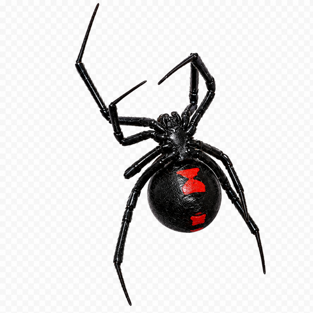 Black widow spider (Latrodectus) showing the red hourglass marking on the underside of its glossy black abdomen