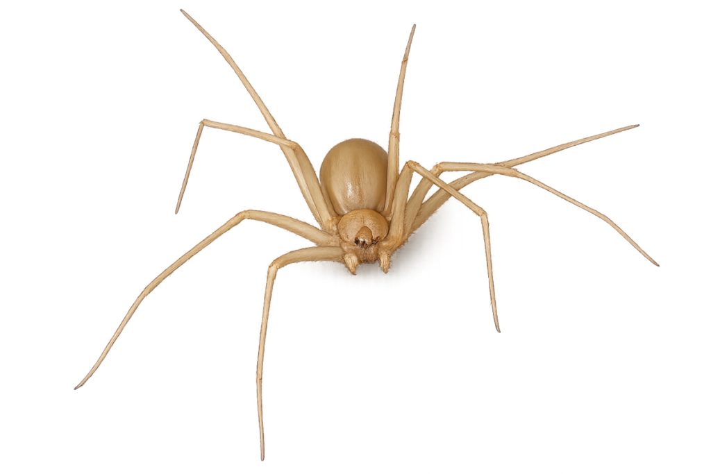 Brown recluse spider (Loxosceles reclusa) with a tan body and dark violin-shaped marking behind the head
