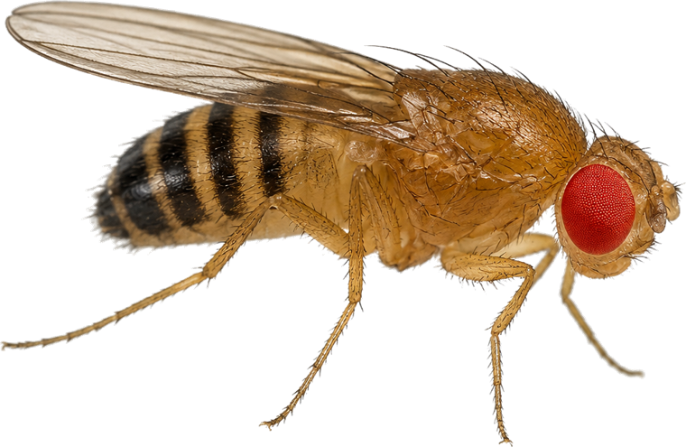 Fruit fly (Drosophila), a small tan fly with bright red eyes