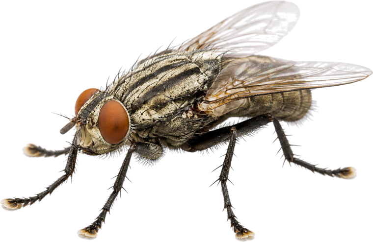 House fly (Musca domestica), a dull gray fly with four dark stripes on the thorax