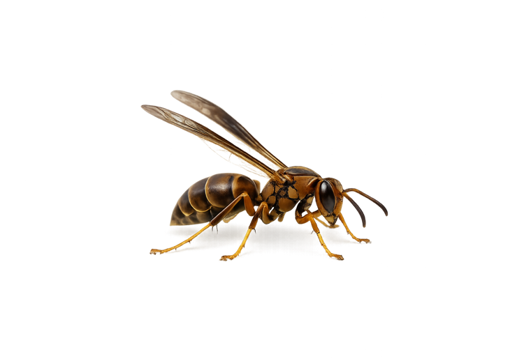 Paper wasp (Polistes), a slender wasp that builds an open umbrella-shaped comb nest